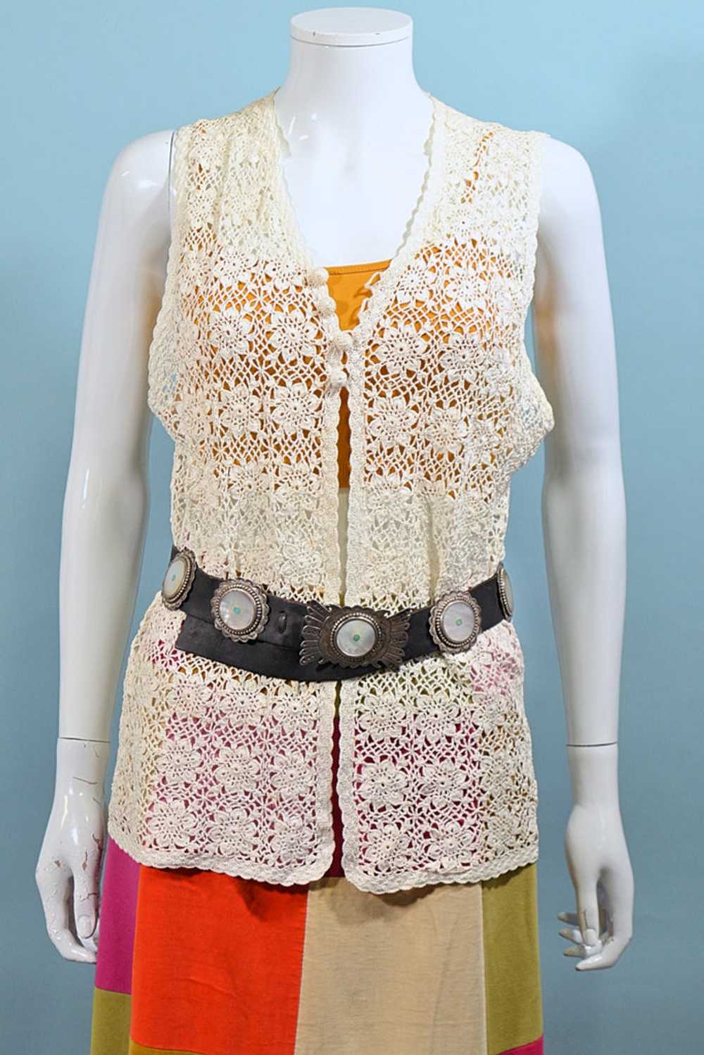 Vintage Hand Crochet Long Vest, 60s/70s Hippie Co… - image 3