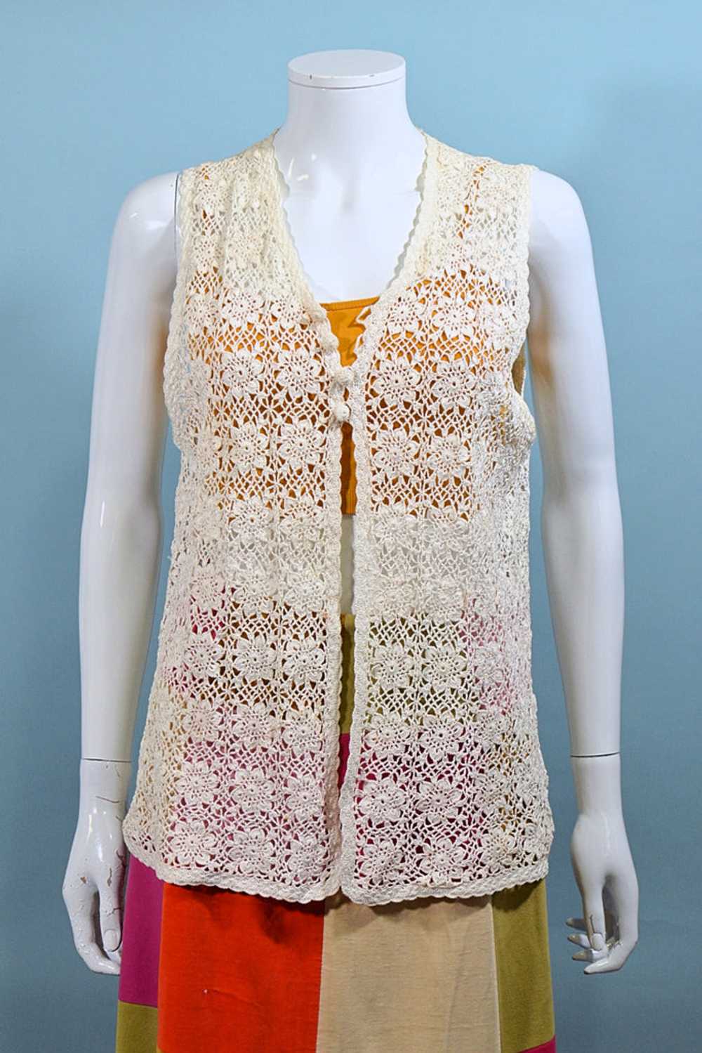 Vintage Hand Crochet Long Vest, 60s/70s Hippie Co… - image 4