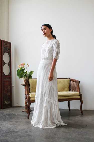 Edwardian White Pleated Net Lace Lawn Dress