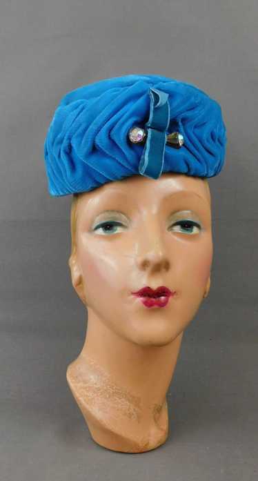 Vintage Turquoise Gathered Velvet Hat 1960s Pillbo