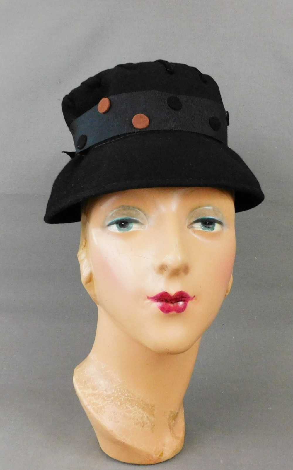 Vintage Black Felt Hat with Polka Dots and Lacing… - image 1