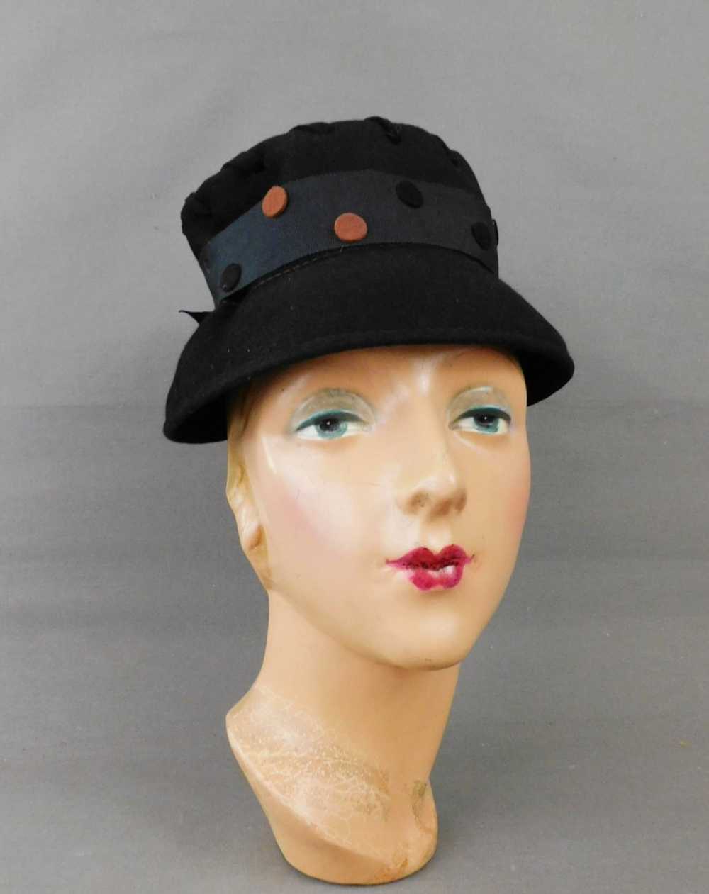 Vintage Black Felt Hat with Polka Dots and Lacing… - image 2