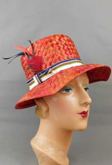 Vintage Red & Orange Straw Hat with Ribbon and Fea