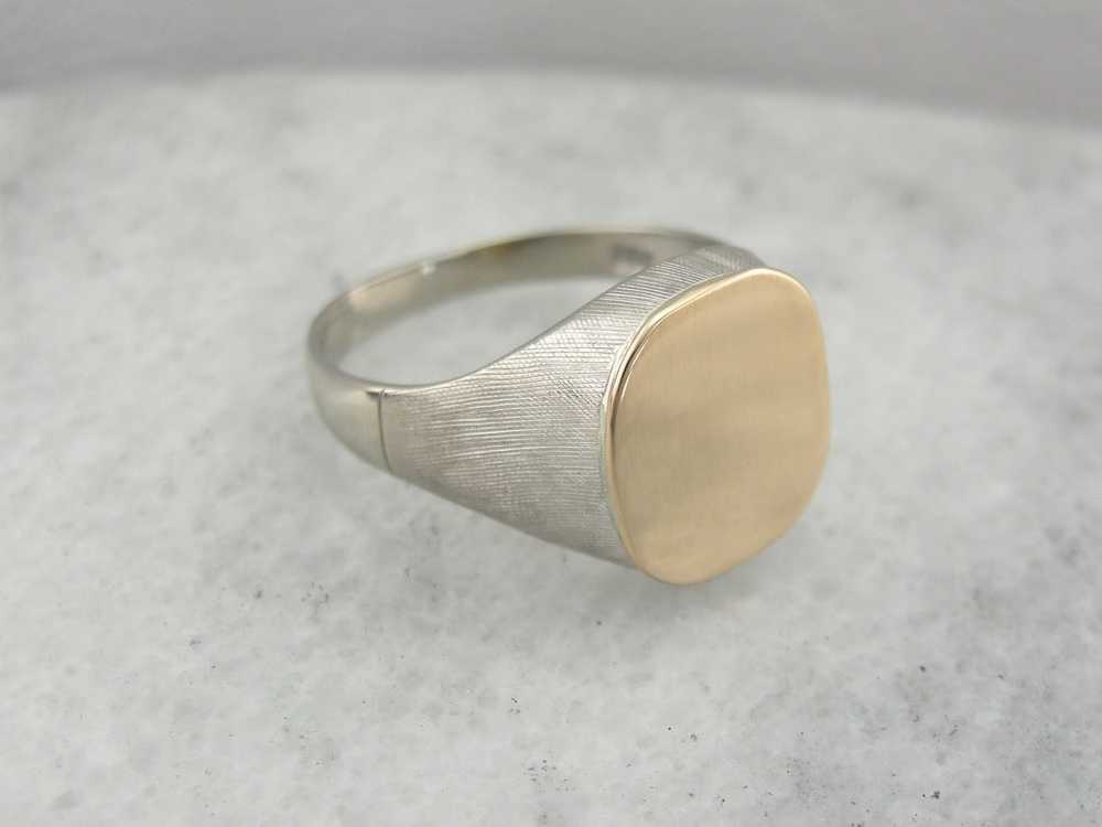Two Tone Textured Signet Ring, White and Yellow G… - image 1