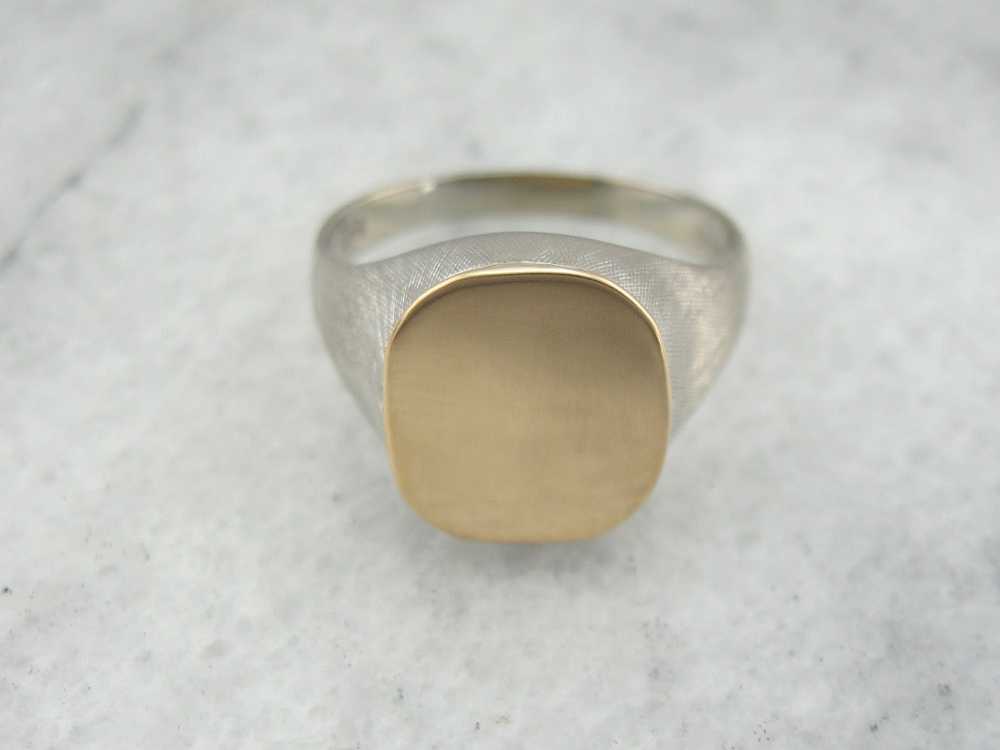 Two Tone Textured Signet Ring, White and Yellow G… - image 2