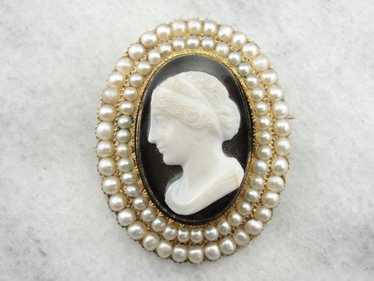 Victorian Mourning Cameo Seed Pearl Brooch - image 1