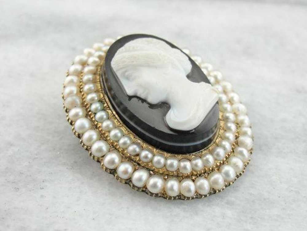 Victorian Mourning Cameo Seed Pearl Brooch - image 2