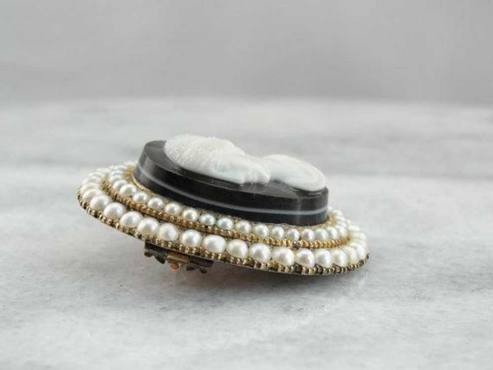 Victorian Mourning Cameo Seed Pearl Brooch - image 3