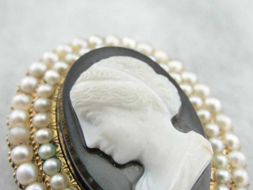 Victorian Mourning Cameo Seed Pearl Brooch - image 5