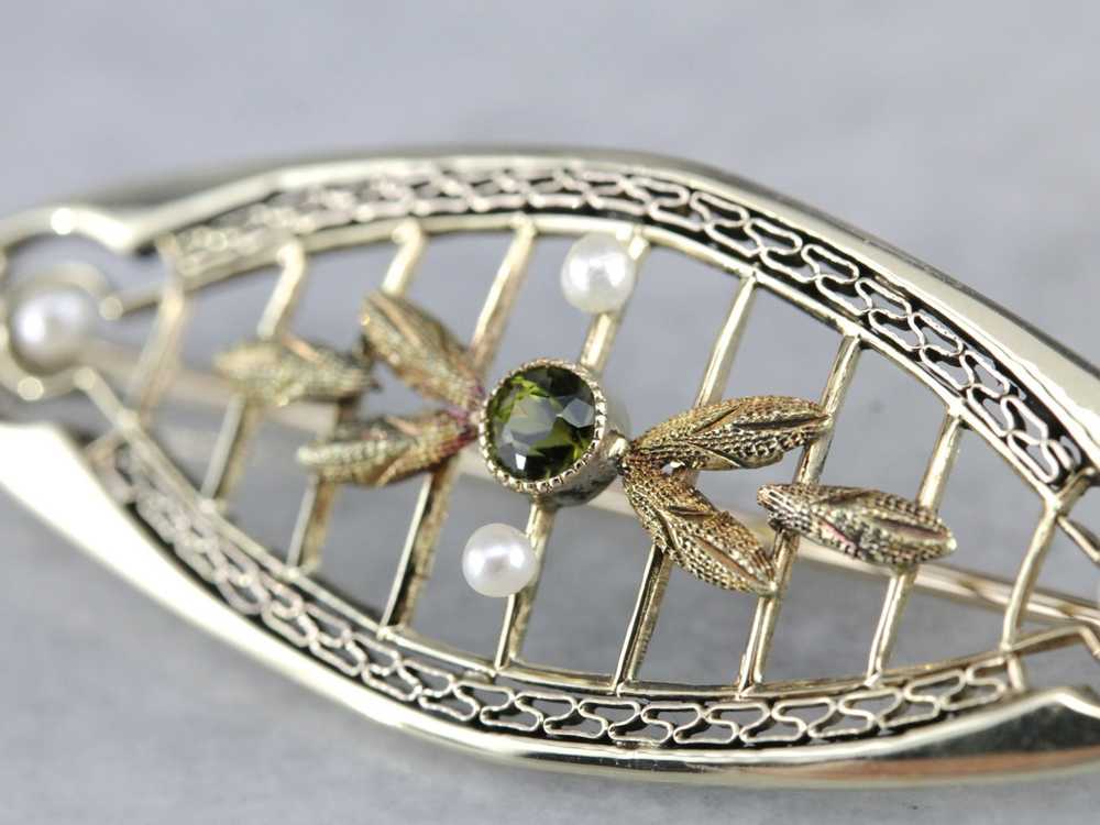 Art Nouveau Peridot Seed Pearl Filigree Brooch - image 1