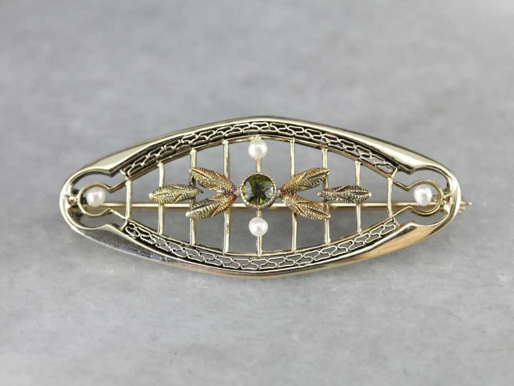 Art Nouveau Peridot Seed Pearl Filigree Brooch - image 2