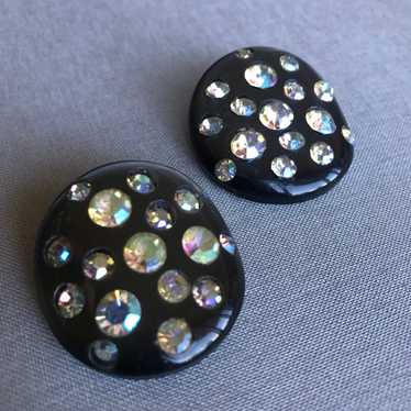1960s Black and AB Rhinestone Clip Earrings - image 1