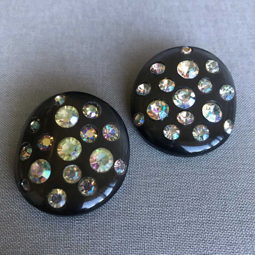1960s Black and AB Rhinestone Clip Earrings - image 2