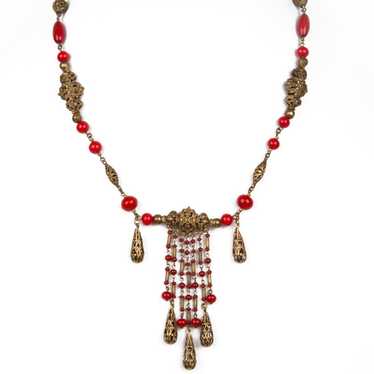 1930s Red Czech Glass and Filigree Bib Necklace - image 1