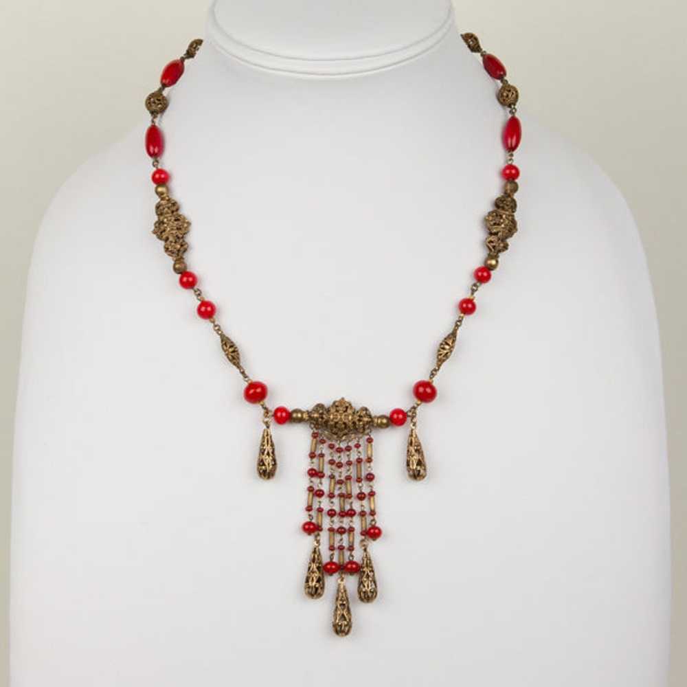 1930s Red Czech Glass and Filigree Bib Necklace - image 2