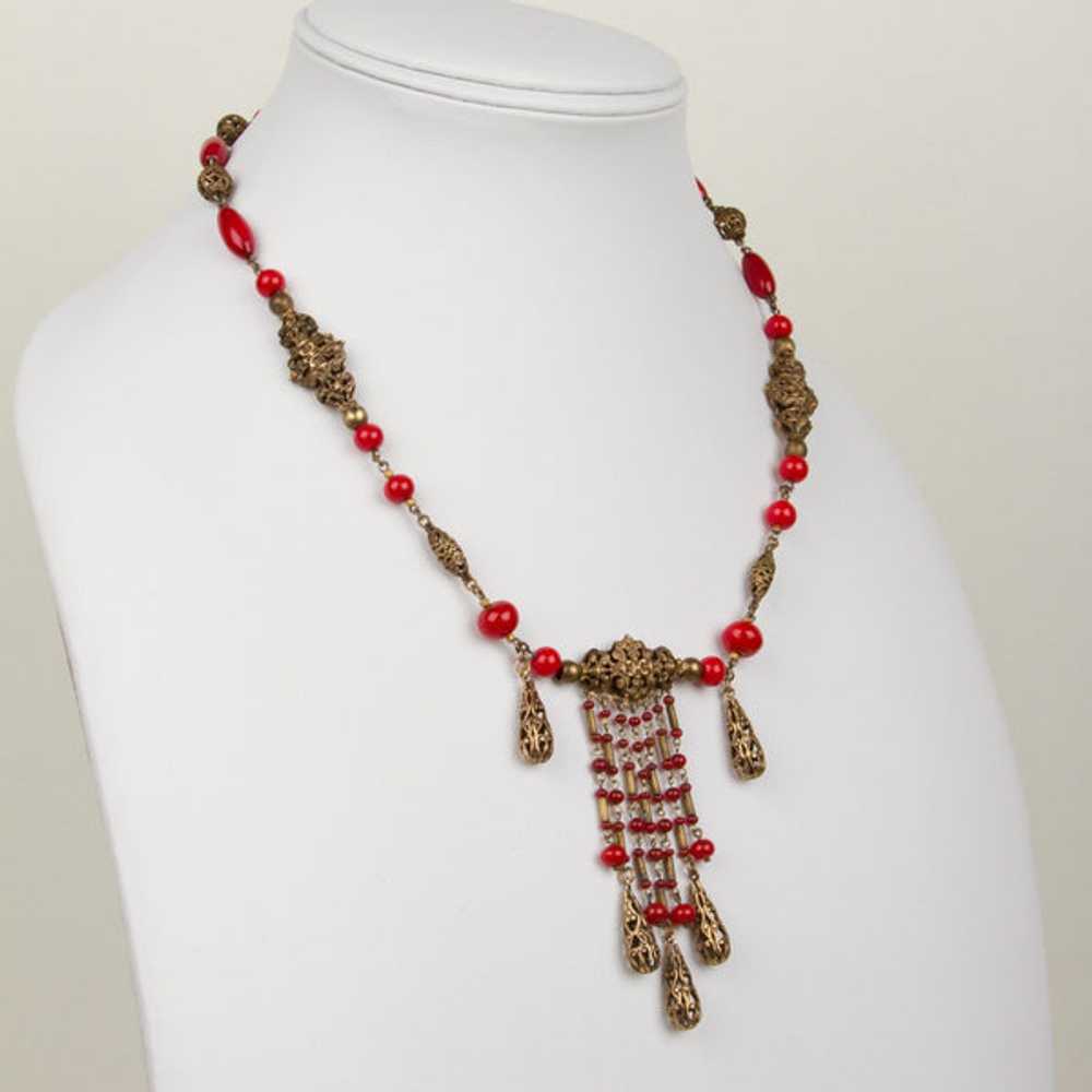 1930s Red Czech Glass and Filigree Bib Necklace - image 3