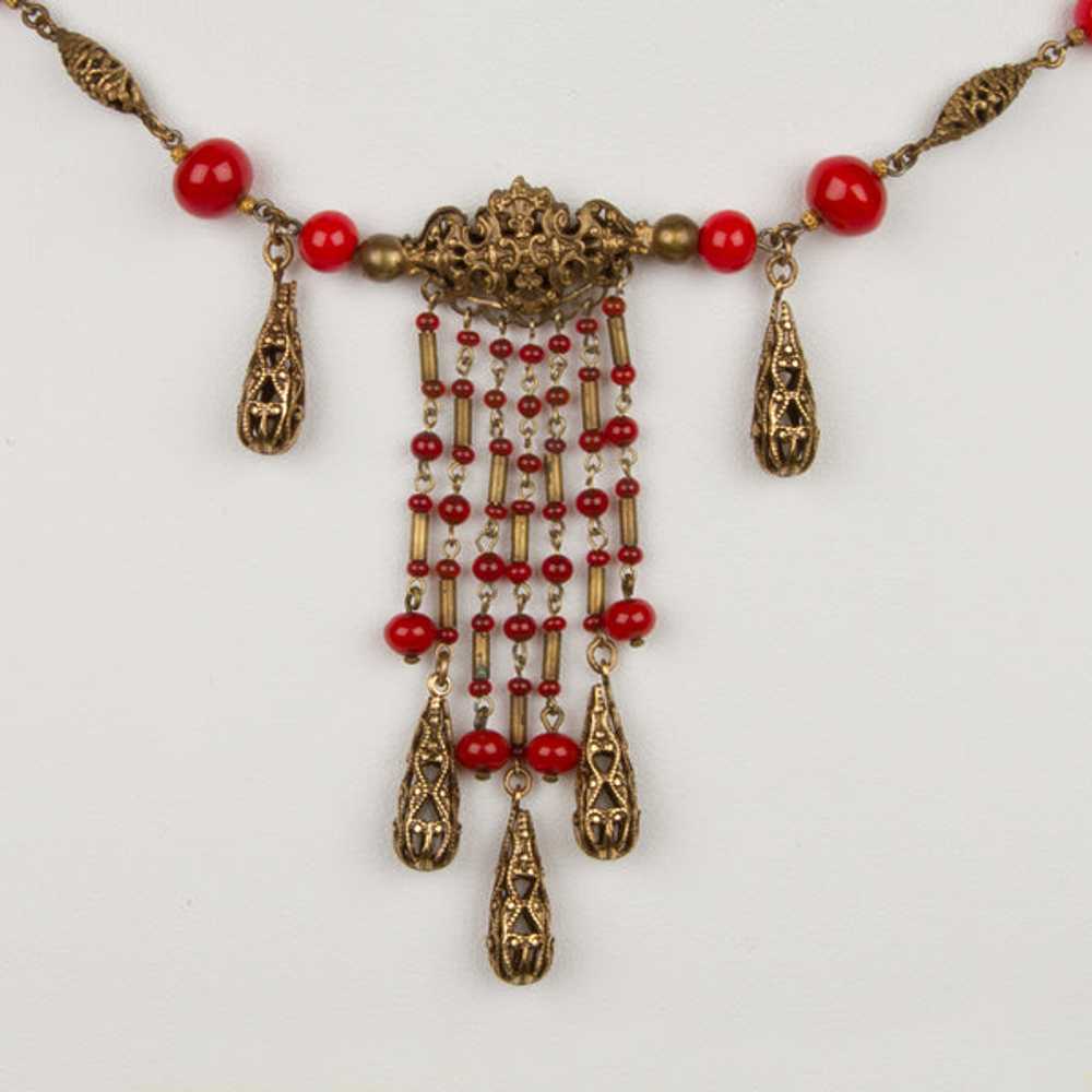 1930s Red Czech Glass and Filigree Bib Necklace - image 4