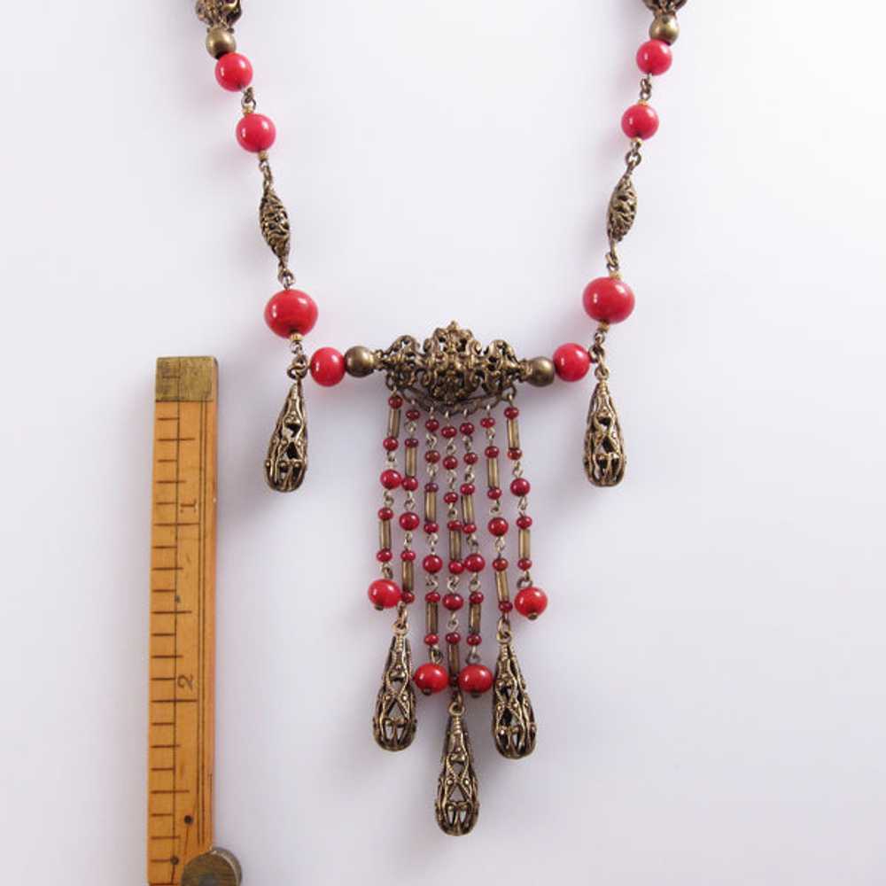 1930s Red Czech Glass and Filigree Bib Necklace - image 7