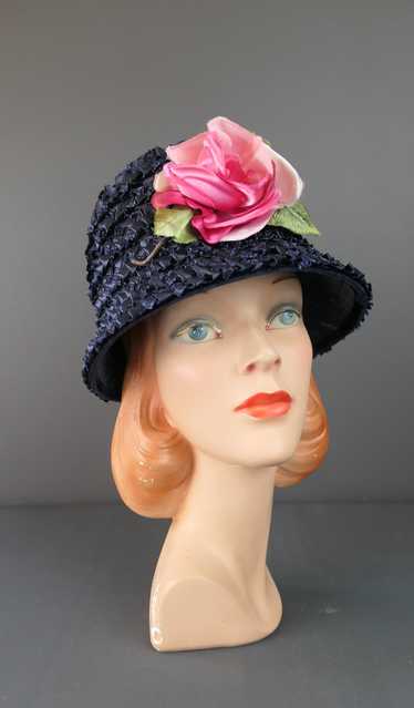 Vintage Navy Straw Pink Floral Hat, 1960s Bucket, 