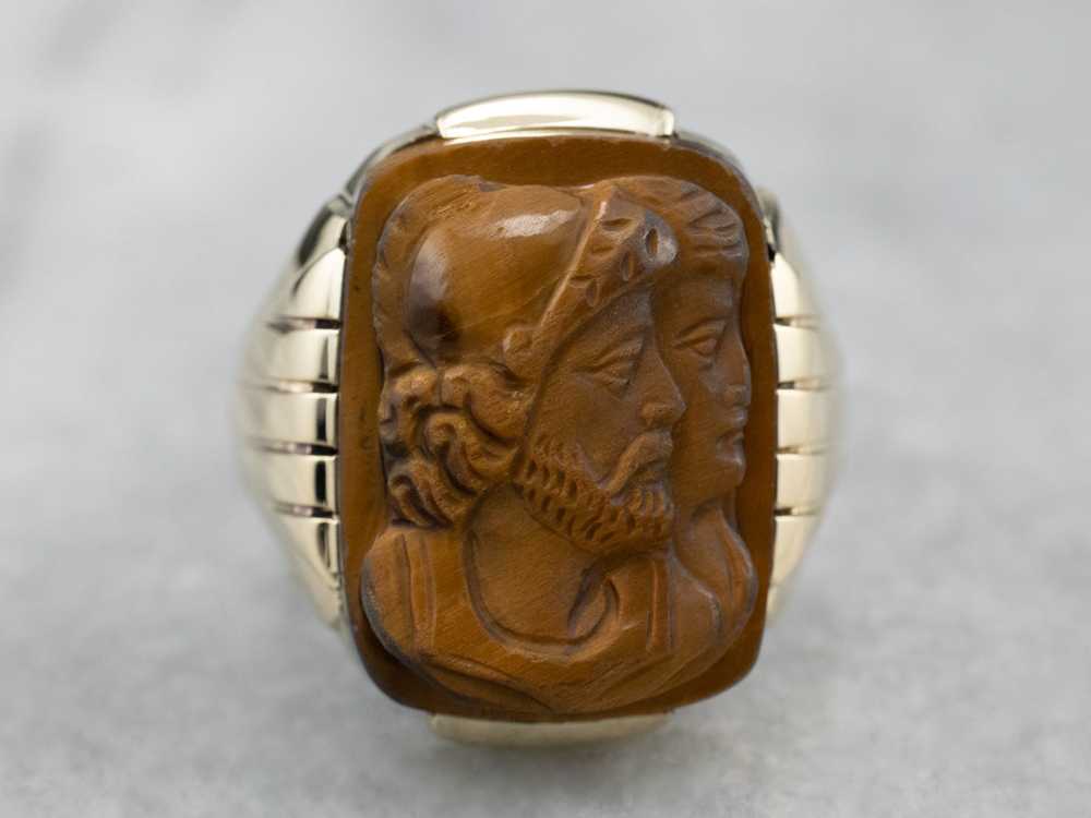 Men's 1930's Tiger's Eye Cameo Gold Ring - image 2