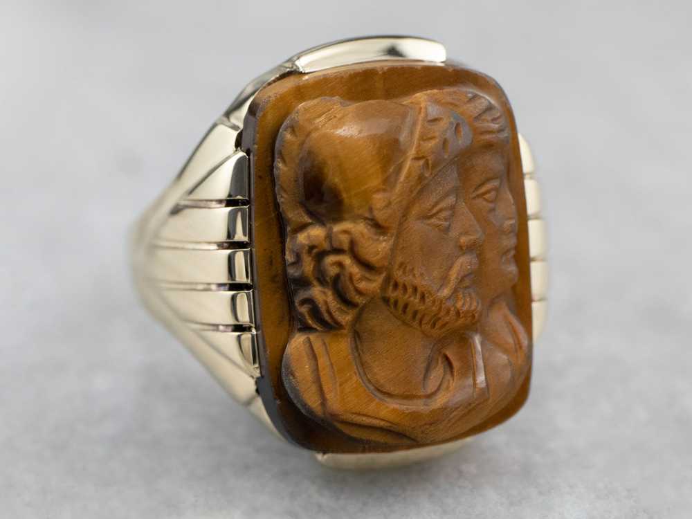 Men's 1930's Tiger's Eye Cameo Gold Ring - image 3