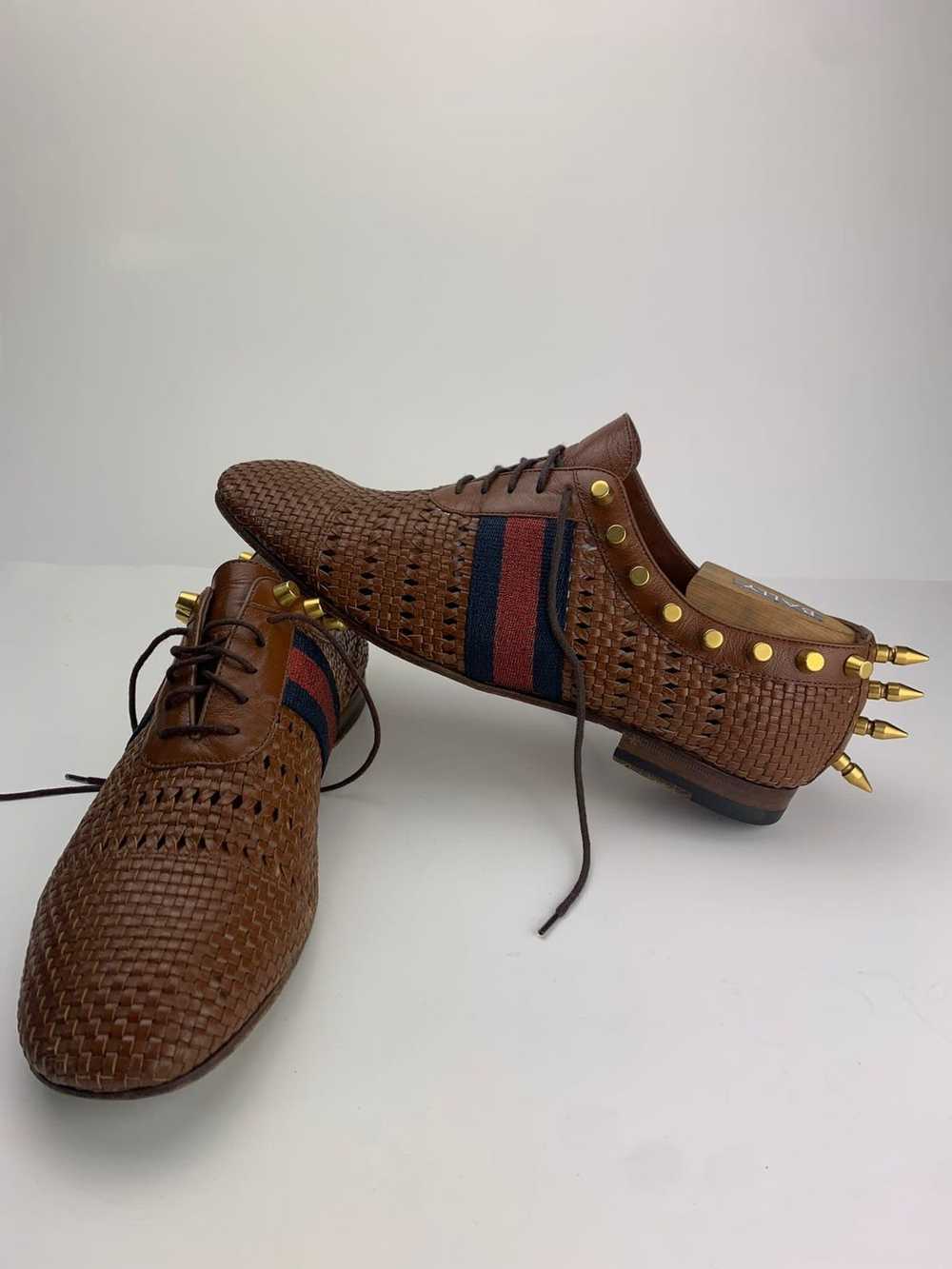 Gucci Gucci Spike Embellished Waven-Leather Derby… - image 1