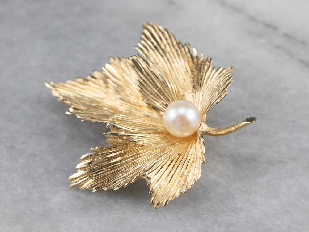 Golden Pearl Grape Leaf Brooch - image 1