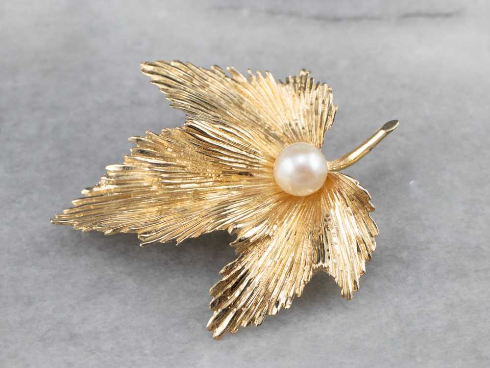 Golden Pearl Grape Leaf Brooch - image 2