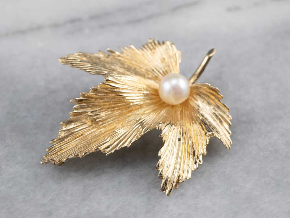 Golden Pearl Grape Leaf Brooch - image 3
