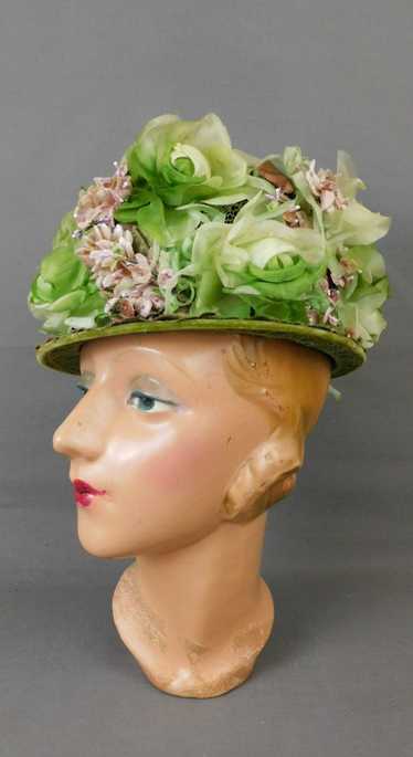 Vintage Green and Taupe Floral Hat, Tall 1960s Flo