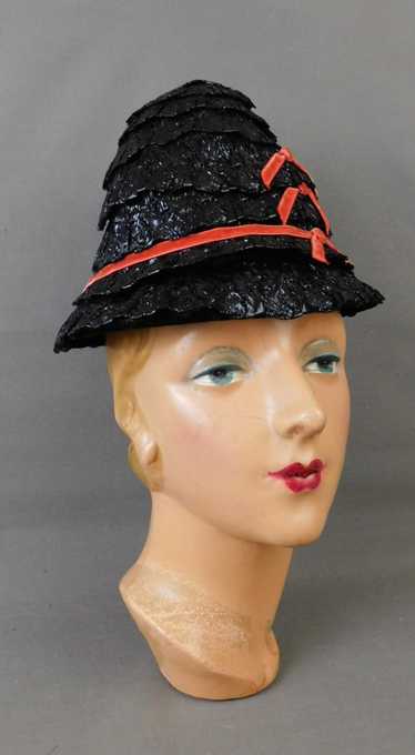 Vintage Black Shiny Straw Hat with Red Bows, 1960s