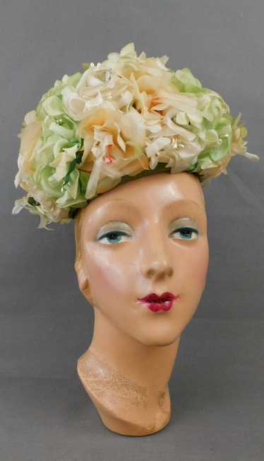 Vintage Ivory, Peach and Green Floral Hat 1960s, 2
