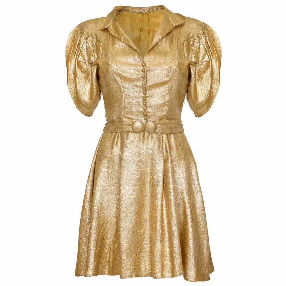 1930s Gold Lame Dress with Cape Sleeves and Match… - image 1