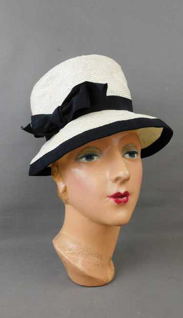 Vintage Ivory Straw Hat with Black Trim, Soft Brim