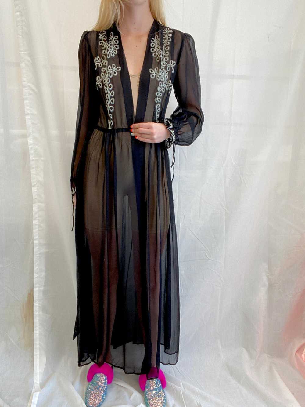 1930's Black Robe with Icy Blue Embroidery - image 2