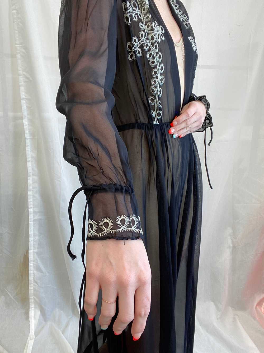 1930's Black Robe with Icy Blue Embroidery - image 4