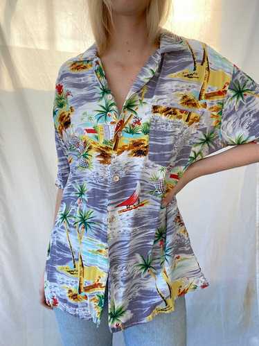 Silk Palm Tree and Bird print Hawaiian Button Down