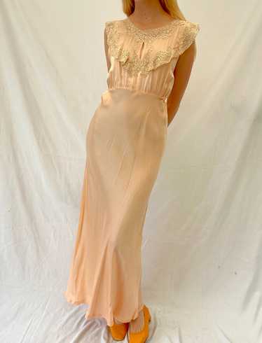 Peach Silk Slip with Cream Lace Ruffle and Chiffon