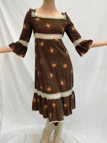 Long Sleeve Brown Floral Dress with White Lace