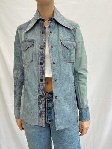Baby Blue Suede Jacket Shirt with Red Stitching - image 1