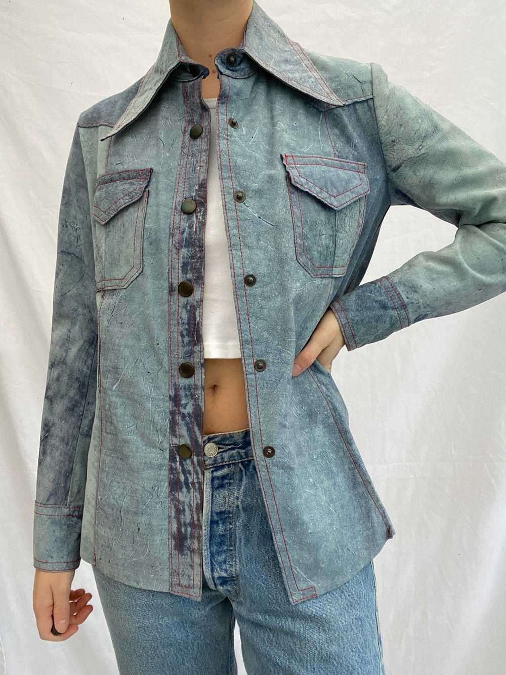 Baby Blue Suede Jacket Shirt with Red Stitching - image 2