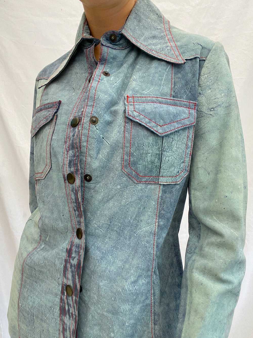 Baby Blue Suede Jacket Shirt with Red Stitching - image 4