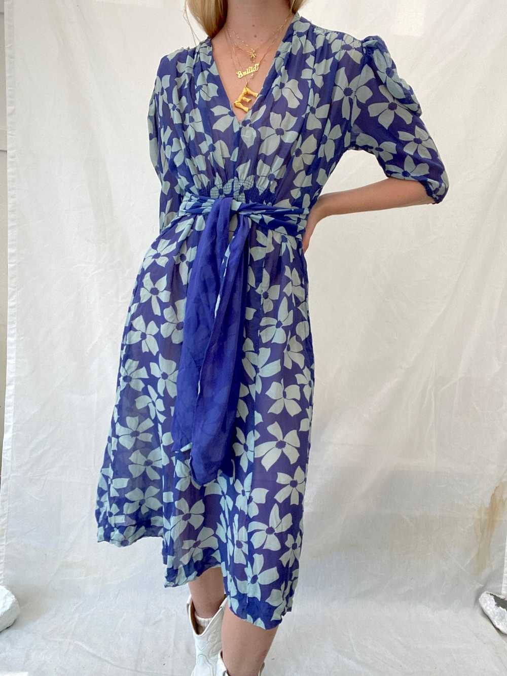 Blue Floral Print Chiffon Dress with Puffed Sleev… - image 1