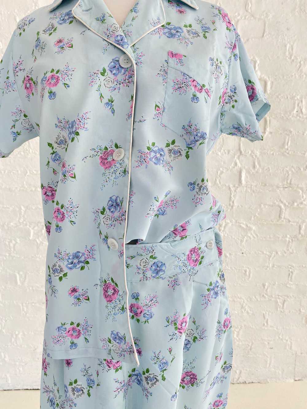 Blue Rayon Pajama Set With Floral Print - image 3