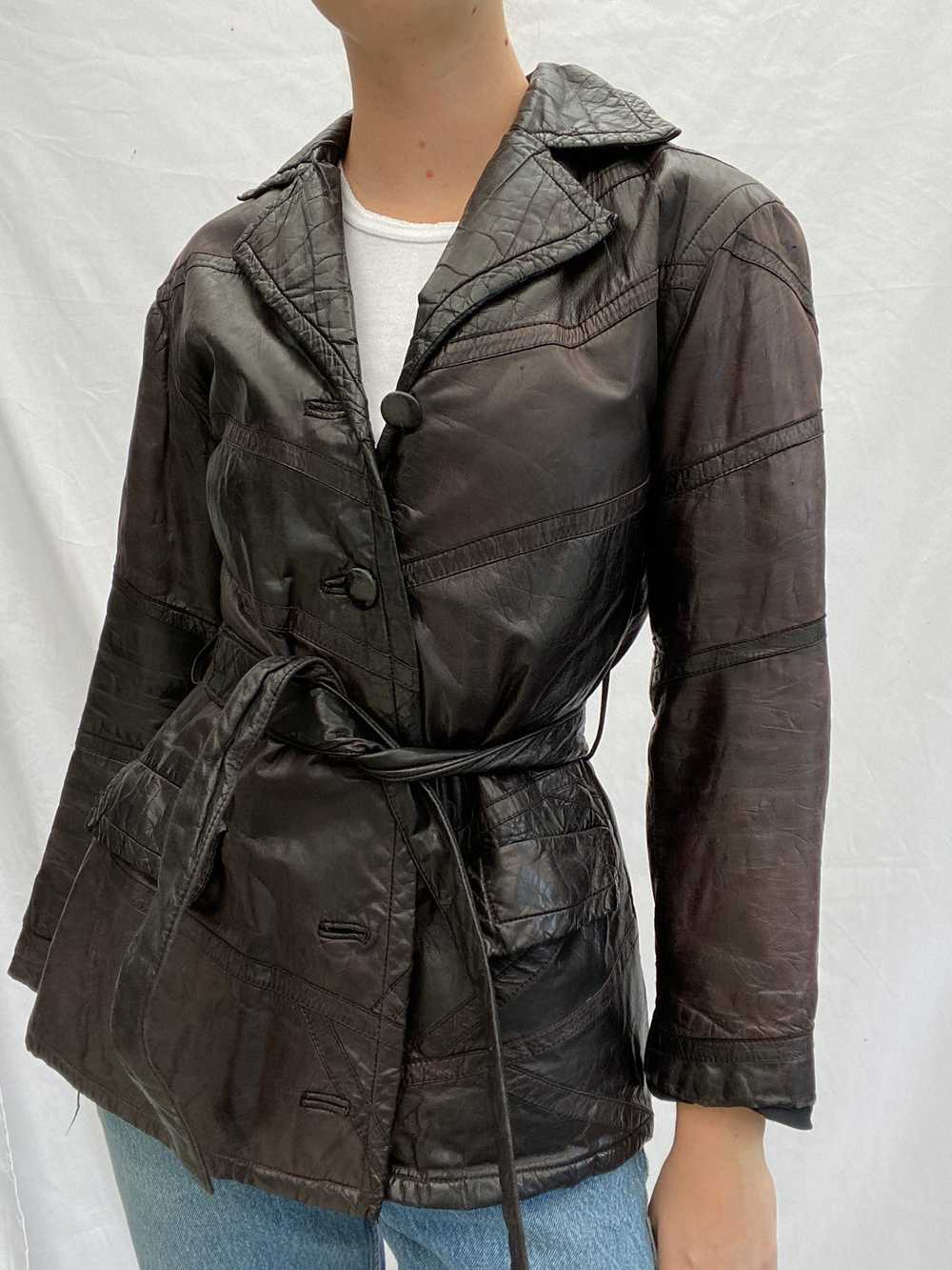 Dark Brown 70's Leather Jacket with Tie - image 1