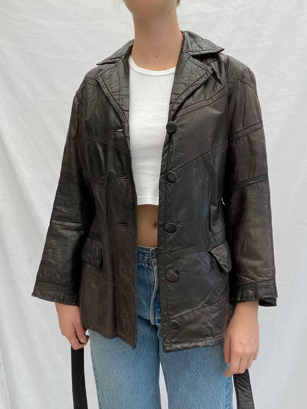 Dark Brown 70's Leather Jacket with Tie - image 2