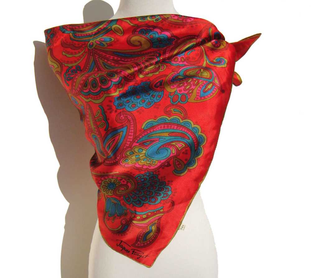 Vintage Jaques Piaget Scarf Red Floral Satin - image 1