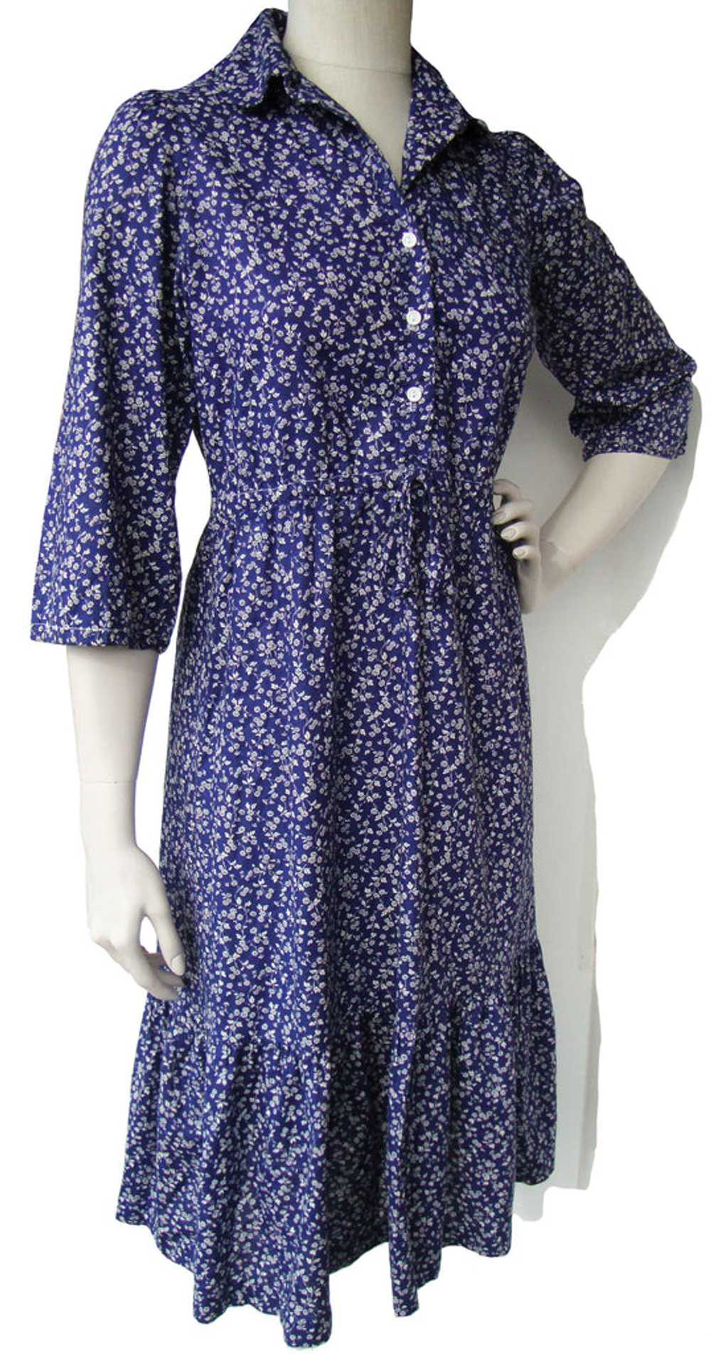 Vintage 70s Prairie Dress Blue & White Floral Pea… - image 2