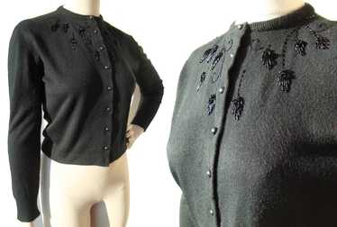 Vintage 70s Sweater Anne Klein Beaded Black Cardi… - image 1