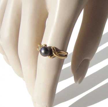 Vintage 14K Gold Tahitian Pearl Ring Black Auberg… - image 1